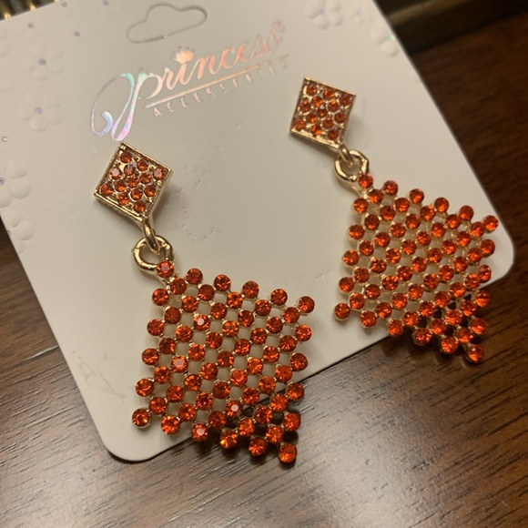 Orange Crystal Geometric Drop Earrings - Picture 2 of 3